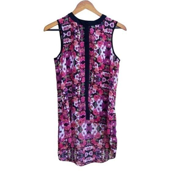 Nicole Tunic Top Sleeveless Button Down Blouse Pansy Floral Pink Black Sz XS - Picture 2 of 12